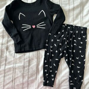 Kids Black Cat Graphic Pajama Set with Pink Heart